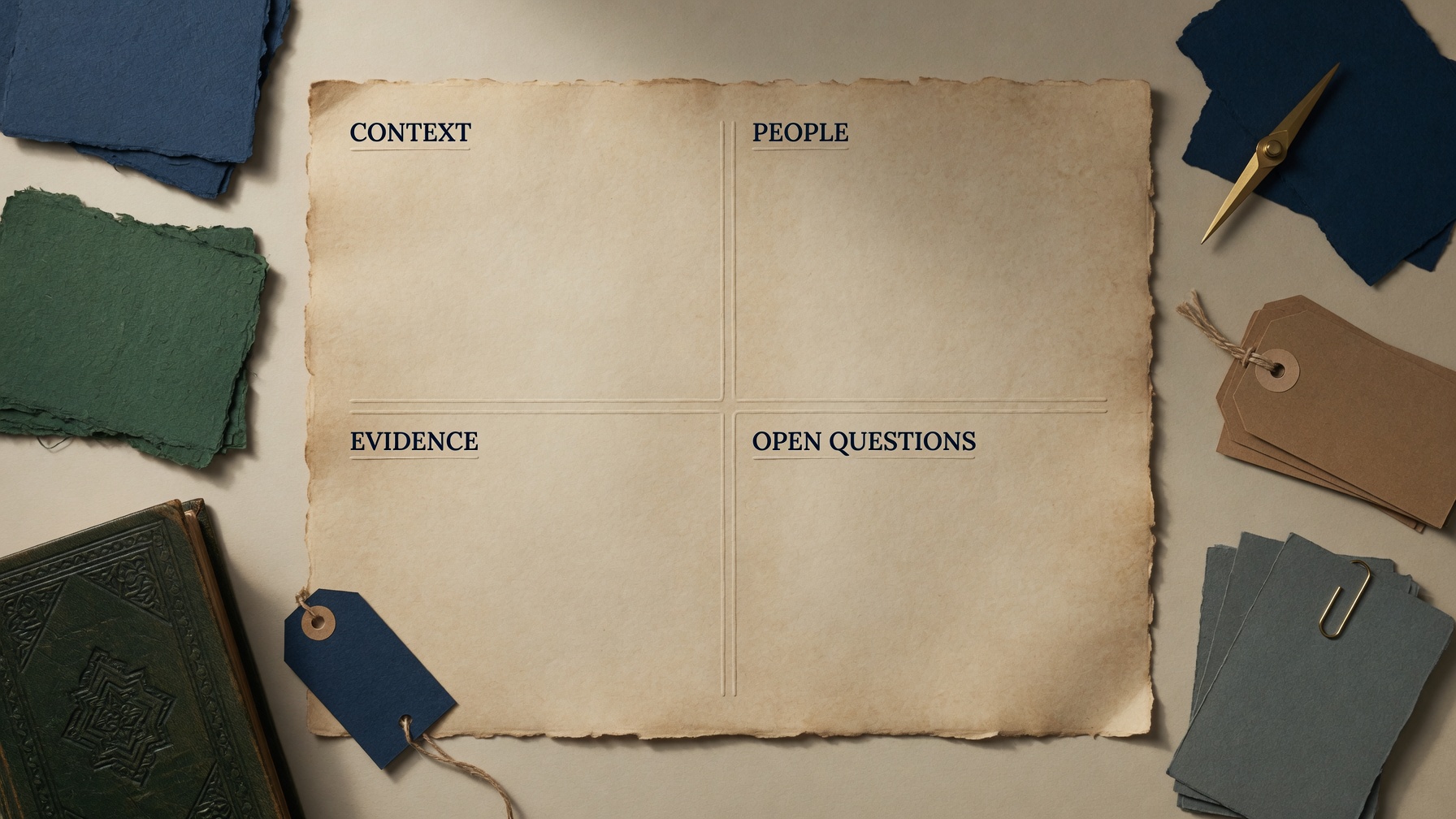 Parchment canvas divided into context, people, evidence, and questions