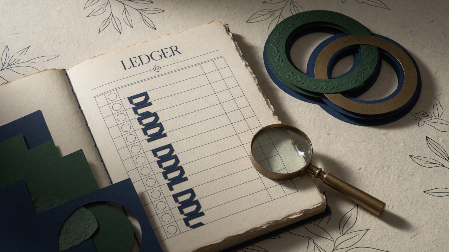 Editorial ledger with abstract check marks and a lens