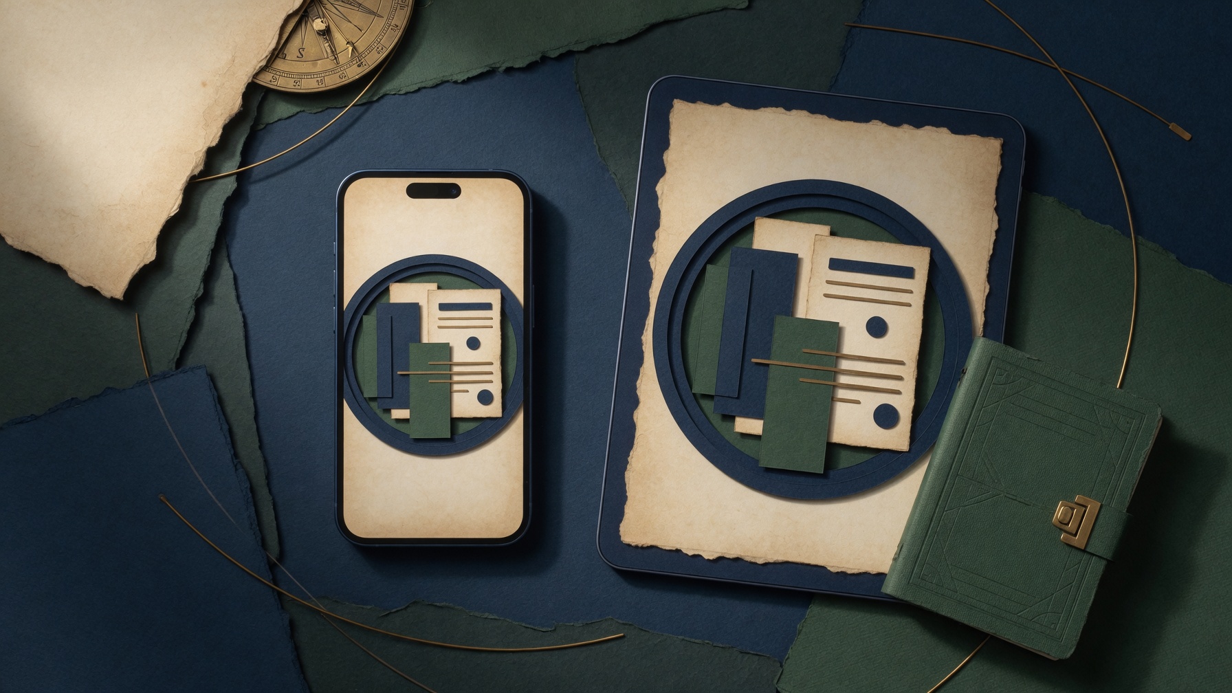 Paper smartphone and folio with ledger shapes kept inside a boundary